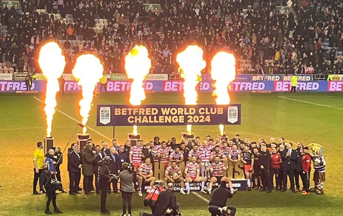 Phenomenal Fireworks Pyro-Pitch display as Wigan Warriors Win the Rugby League World Championship